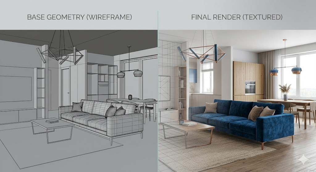 Professional 3D interior visualization for a modern living room showing the transition from base CAD wireframe geometry to a photorealistic final render by CadDeziners.