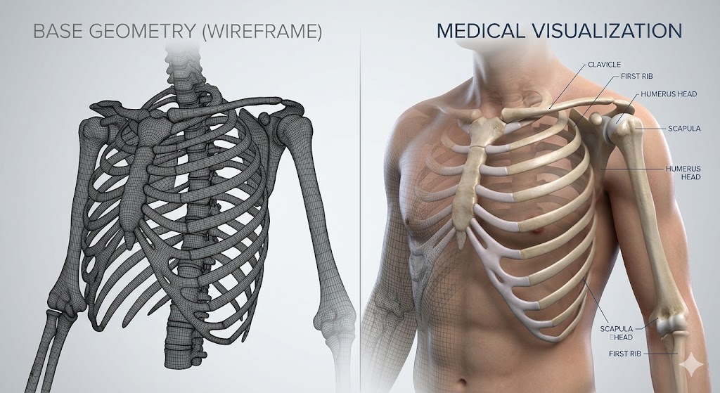 Professional medical 3D visualization by CadDeziners showing a human ribcage transition from a technical CAD wireframe mesh to a high-fidelity anatomical 3D model with medical labels.