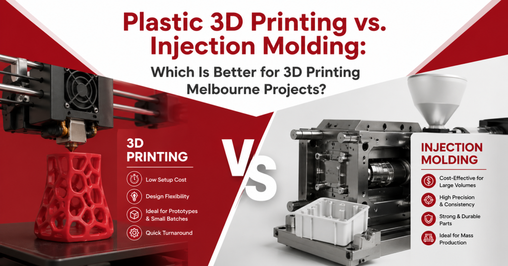 Plastic 3D printing and injection moulding process comparison for Melbourne manufacturing projects