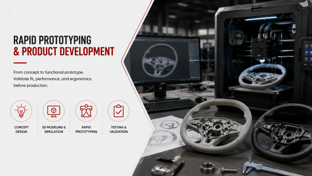 3D printed automotive steering wheel prototype.